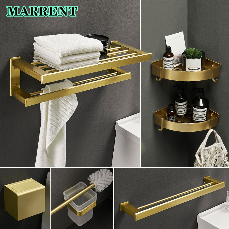 Juego de accesorios dorados para baño, toallero de aleación de aluminio de , trípode de almacenamiento de oro cepillado, estante cuadrado, juegos de accesorios para Baño