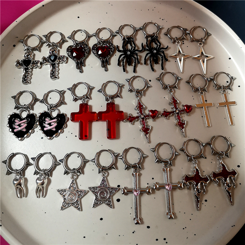 Goth oregelbundet hjärta kors spindel spiral rostfritt stål örhängen kvinnor män grunge  y2k smycken 2000s scen emo accessoarer
