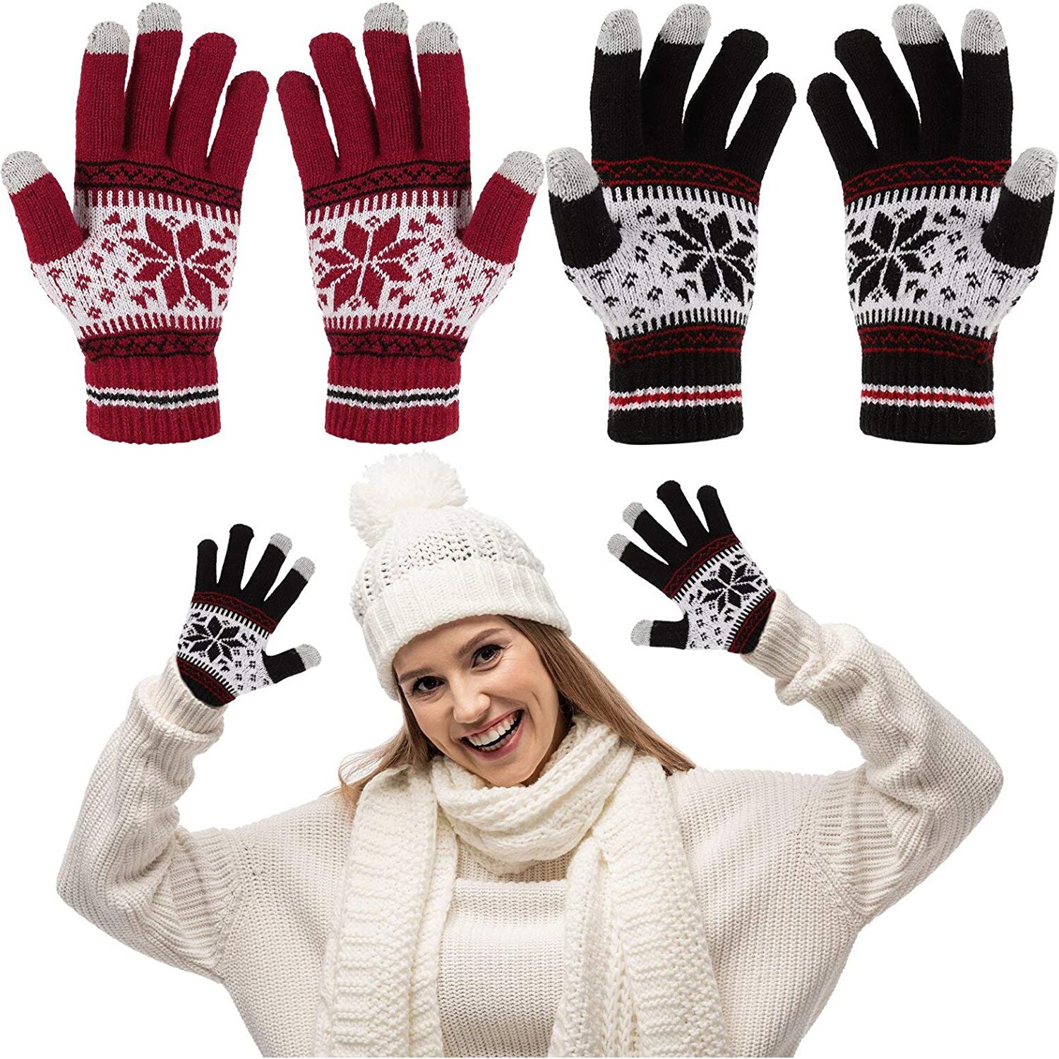 Outdoor Rijden Handschoenen Warme Winter Wol Gebreide Handschoenen Vrouwen En Mannen Sneeuwvlok Patroon Volledige Vinger Unisex Touch Screen handschoenen