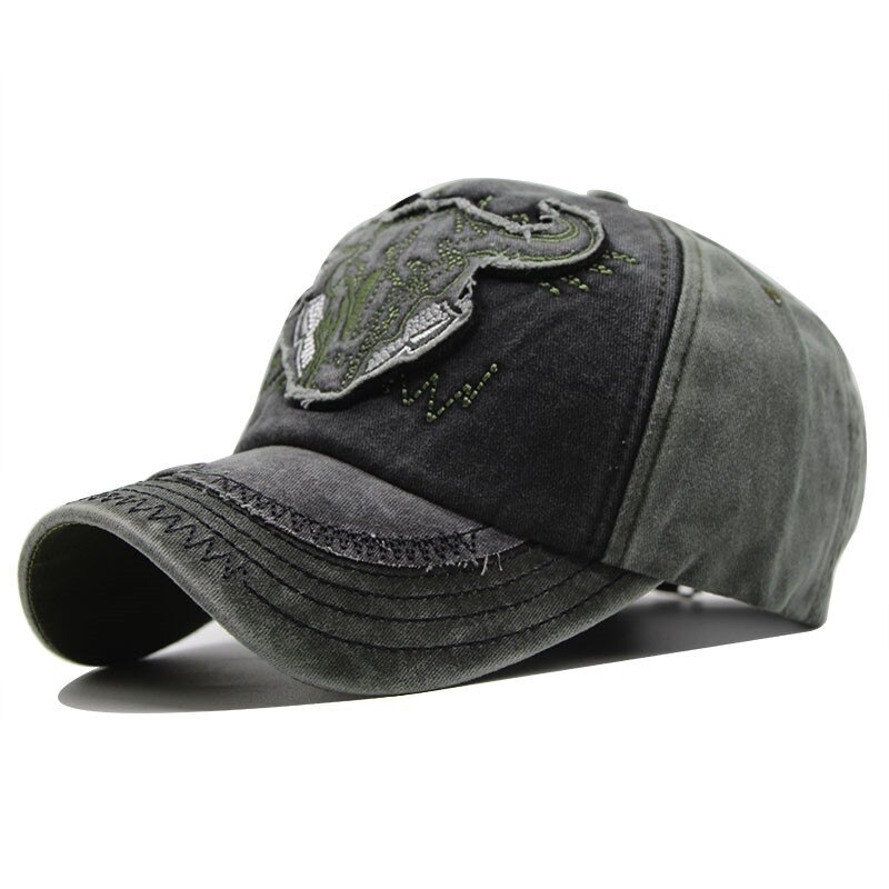Baseball Cap Bull Head Embroidery Washed Casual Retro Outdoor Men's Sun Hat: black