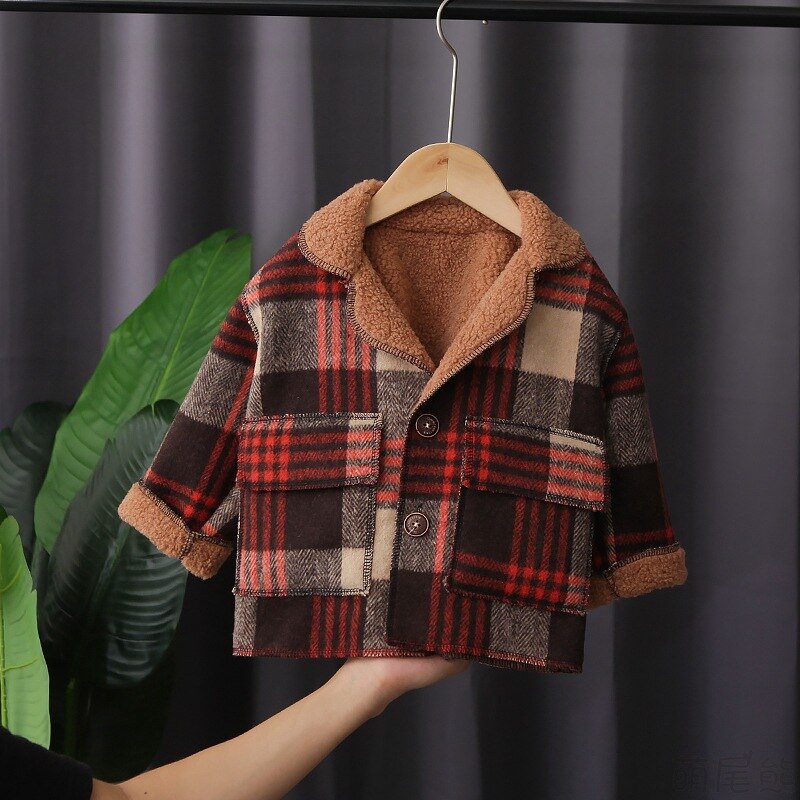 Vestes d'hiver à carreaux coréens pour garçons, manteaux chauds pour bébés garçons, à la , Plus vestes épaisses en velours, vêtements d'extérieur pour tout-petits,: Rouge / 5T