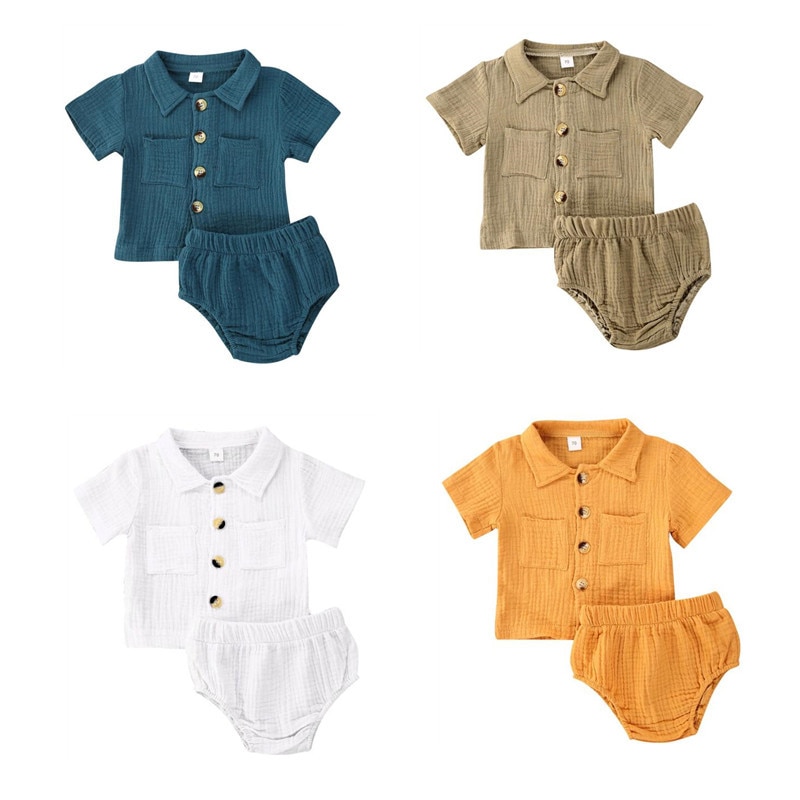 Baby pige dreng 2 stk outfit sæt solid plisseret button-down foldet krave kortærmet top skjorte trekant elastik bukser sæt