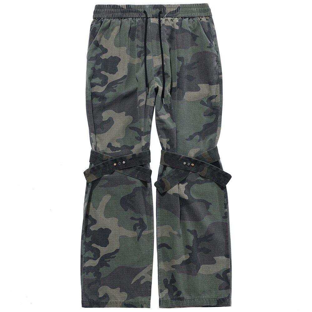 Aolamegs Flare Broek Mannen Camouflage Print Verstelbare Linten Broek Elastische Taille Retro Hip Hop High Street Streetwear: Asian XXL / Camouflage green