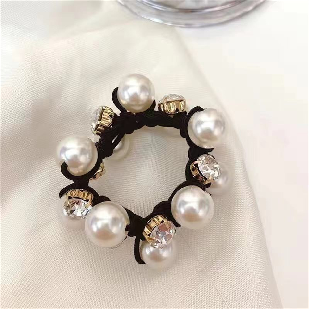 Anillo de pelo de perla para mujer, tocado de intestino de perla de terciopelo negro, diamantes de imitación brillantes para niña, accesorios para el cabello: Azul cielo