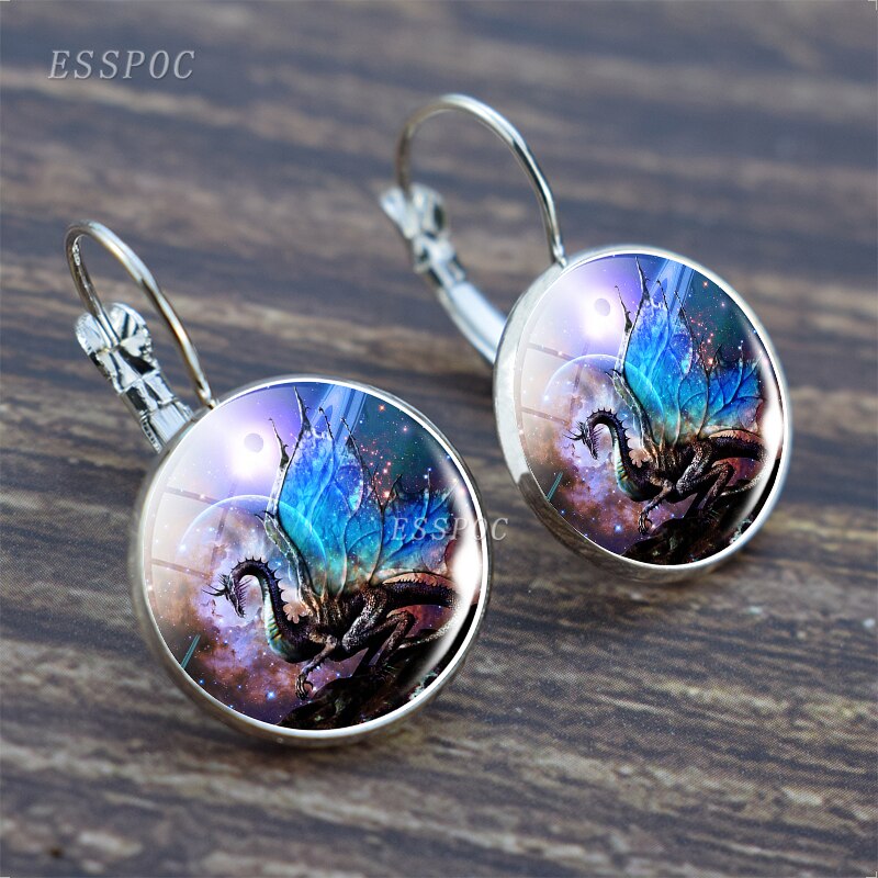 Pendientes de aro de para mujer, aretes de foto de dragón de Metal de Color plateado para mujer, de Navidad de vacaciones de , alas azules de dragón: 4