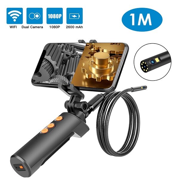 Wirelessly Connected Industrial Endoscopy Borescope 1 Meter Wire Inspection Double Camera Built-in 9pcs 5 Levels Brightness LEDs: 1m