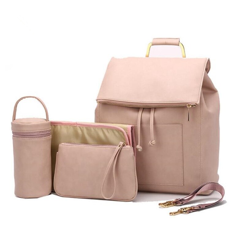 Pu læder baby ble blege taske rygsæk + puslepude + klap stropper + isolering taske + kosmetik taske: Stil b lyserød