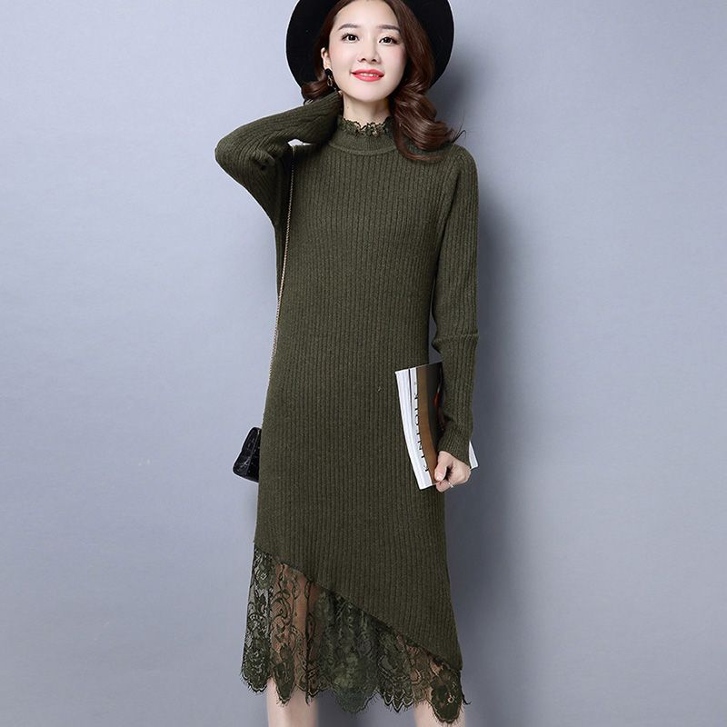 Herfst Winter Vrouwen Gebreide Trui Kant Lange Jurk Dames Elastische Coltrui Lange Mouwen Slanke Jurken Vrouwelijke Dunne Vestidos F455: Groen / XL