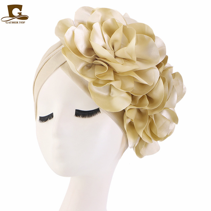 King Flower Turban Women Hair Loss Bonnet Muslim Hat Chemo Cap Hijabs Headscarf Wedding Party Hat Head Wraps Indian Hat Turbante: Beige