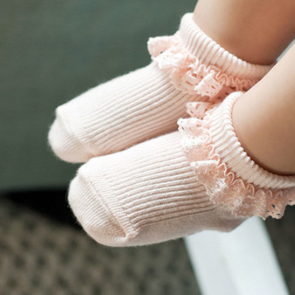 Solid Color Baby Short Socks Cotton Vertical Strip Princess Style Lovely Infant Children Non-slip Lace Socks