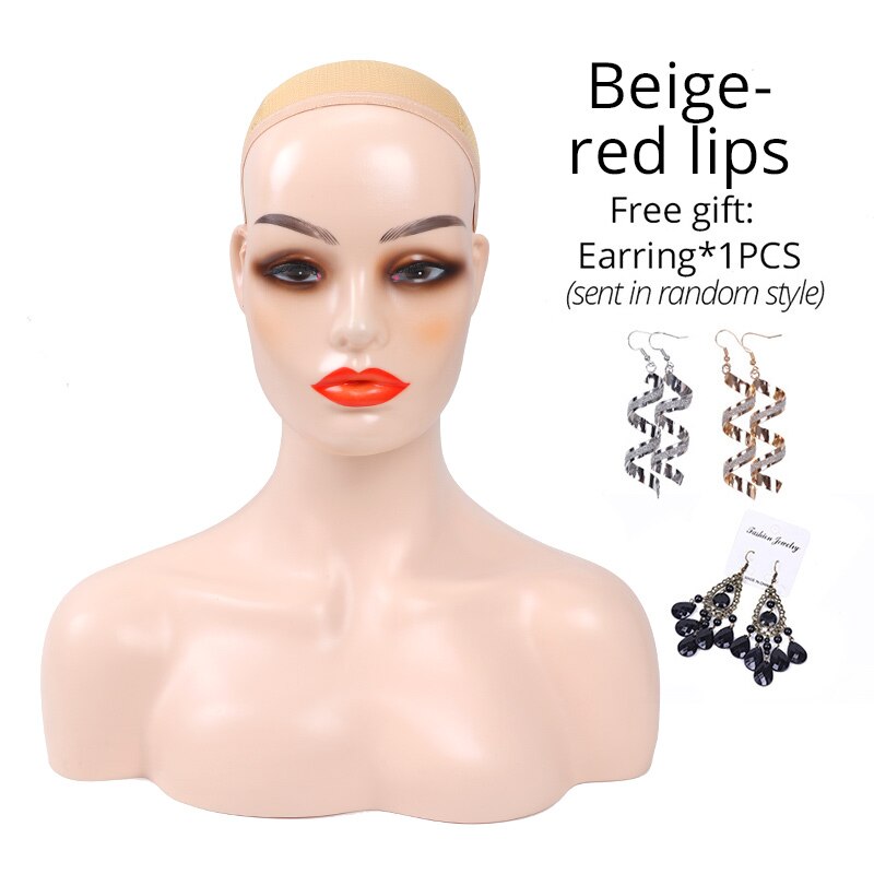 Nunify Realistische Half Lichaam Dubbele Schouder Pvc Training Mannequin Hoofden Voor Display Pruiken Hoed Sieraden: red lip Beige