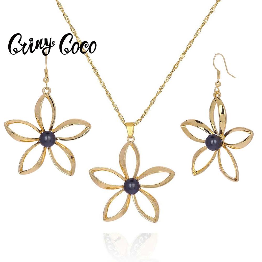 Women Plumeria Flower Necklaces Set Polynesian Hawaiian Samoa Marshall Style Pearl Jewelery Sets Necklace with Earrings