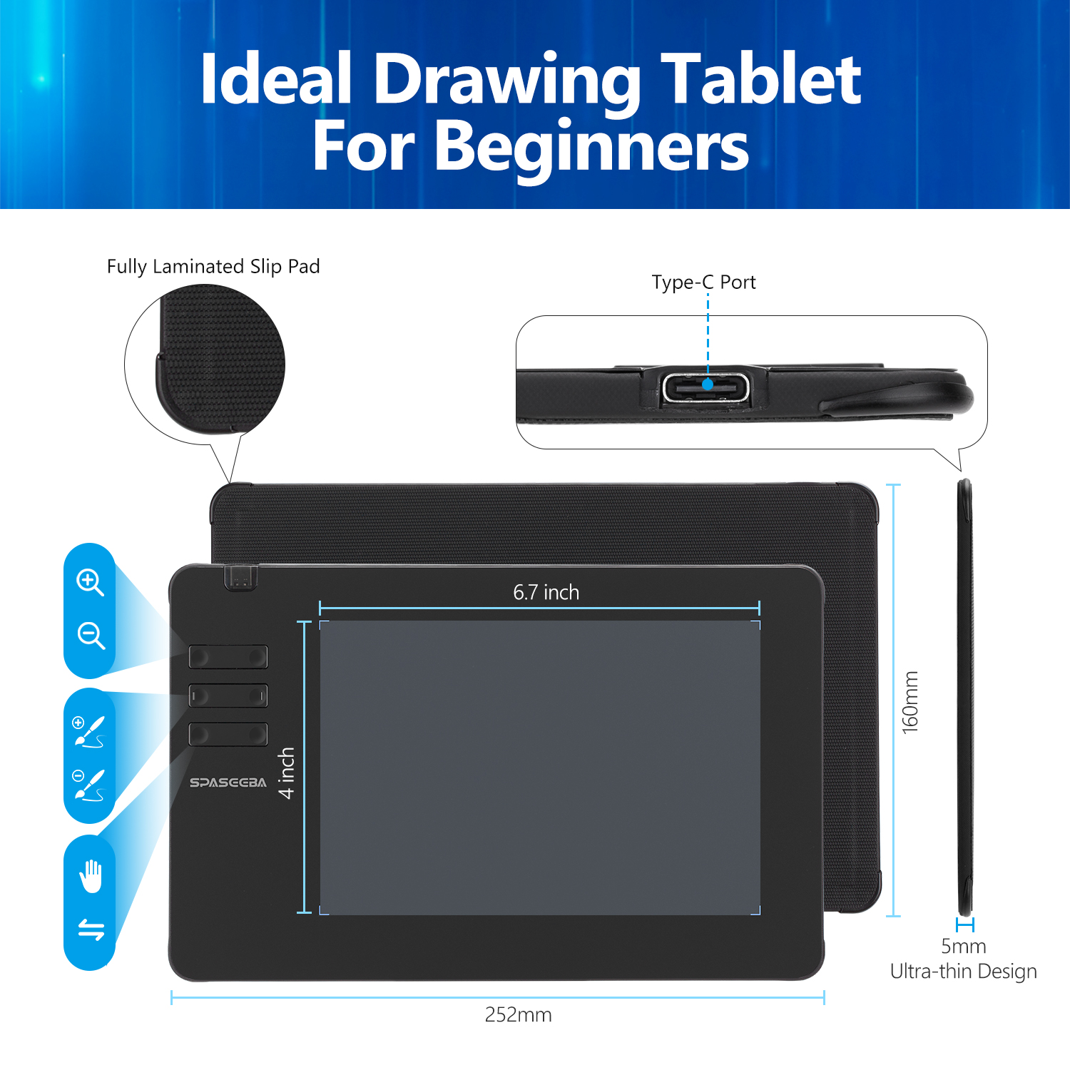 SPASEEBA T605 Tablet graficzny do rysowania / malowania / gier OSU, ultracienki tablet graficzny z rysikiem cyfrowym o poziomach 8192