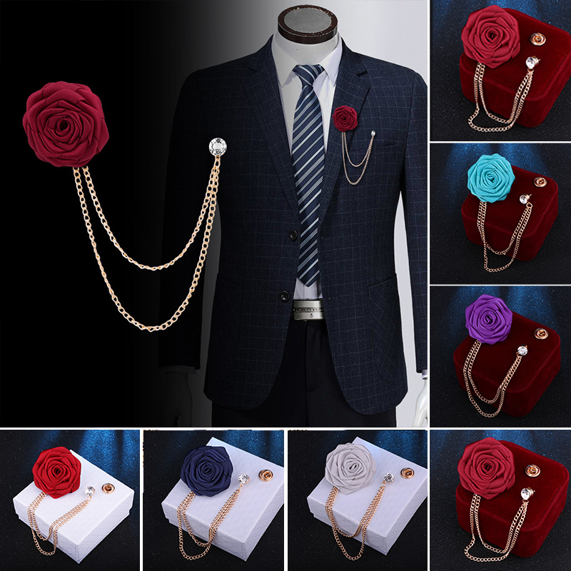 Korean Bridegroom Wedding Brooches Cloth Art Hand-made Rose Flower Brooch Lapel Pin Badge Tassel Chain Men's Suit Accessories