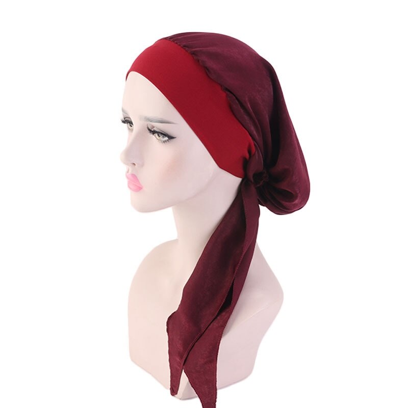 Moslim Vrouwen Gedrukt Hijaabs Hoeden Tulband Hoofd Hoofd Sjaal Chemo Kanker Cap Haaruitval Hoed Lange Staart Boog Motorkap Brede band Wrap Cap: Burgundy