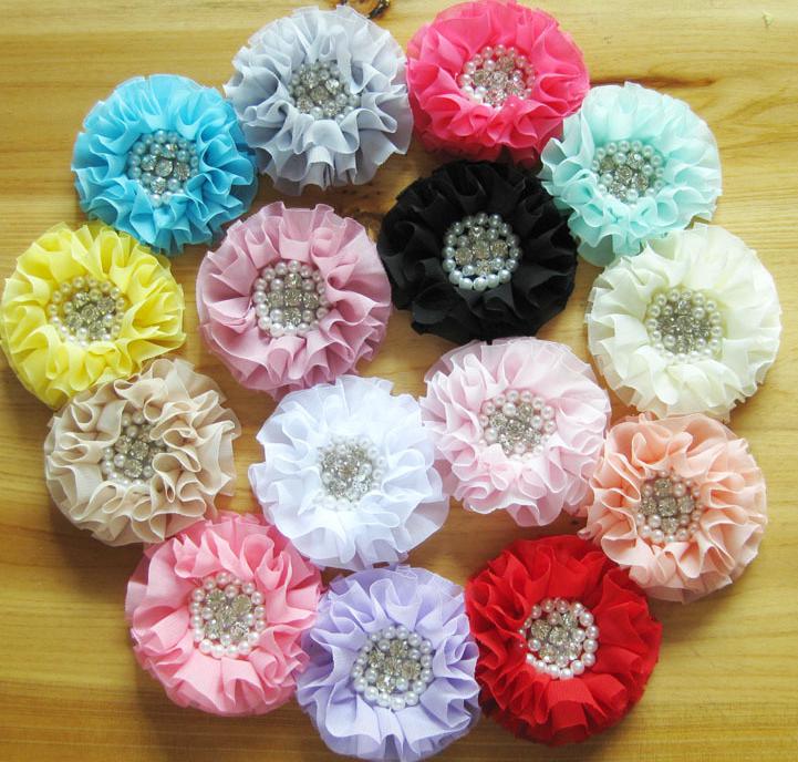15 colours 30 stks/partij goedkope kralen stof chiffon verstoorde bloemen w/pearl rhinestone center voor baby bloem DIY haar accessoires: Mixed colour