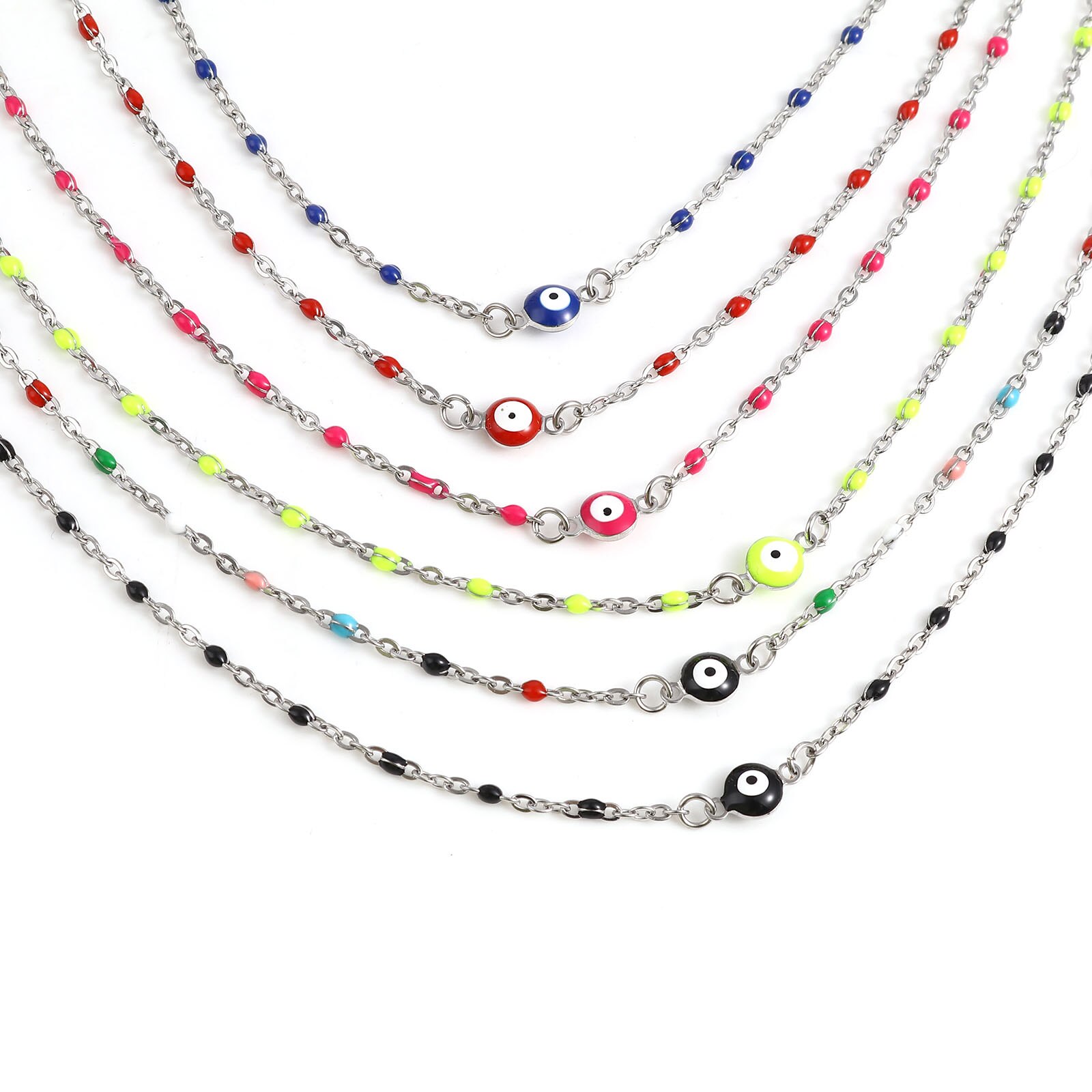 Religious Stainless Steel Link Cable Necklaces Enamel Round Evil Eye Connector Chains Necklace For Women Neck Jewelry Findings