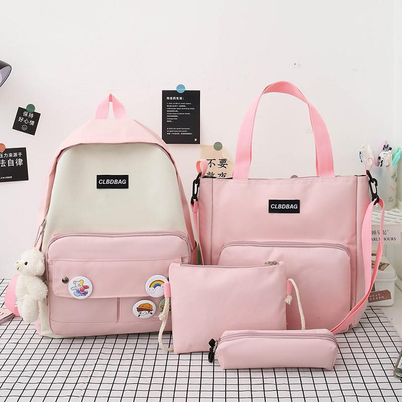 Kawaii 4 delar set skolväskor för tonårsflickor canvas resväska kvinnor bokväskor student skolväska ryggsäck mochila: Rosa