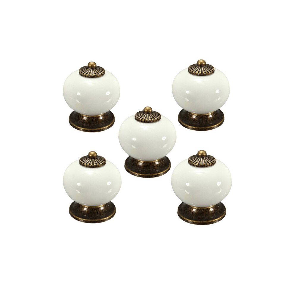 5pcs Round Ceramic Kitchen Cupboard Cabinet Drawer Door Knobs Handles (White): White