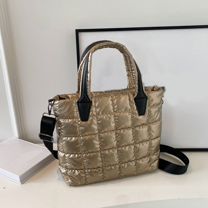 dames gezwollen draagtas PU lakleer gewatteerd groot formaat student laptop crossbody tas dames herbruikbare boodschappenschoudertas: Goud