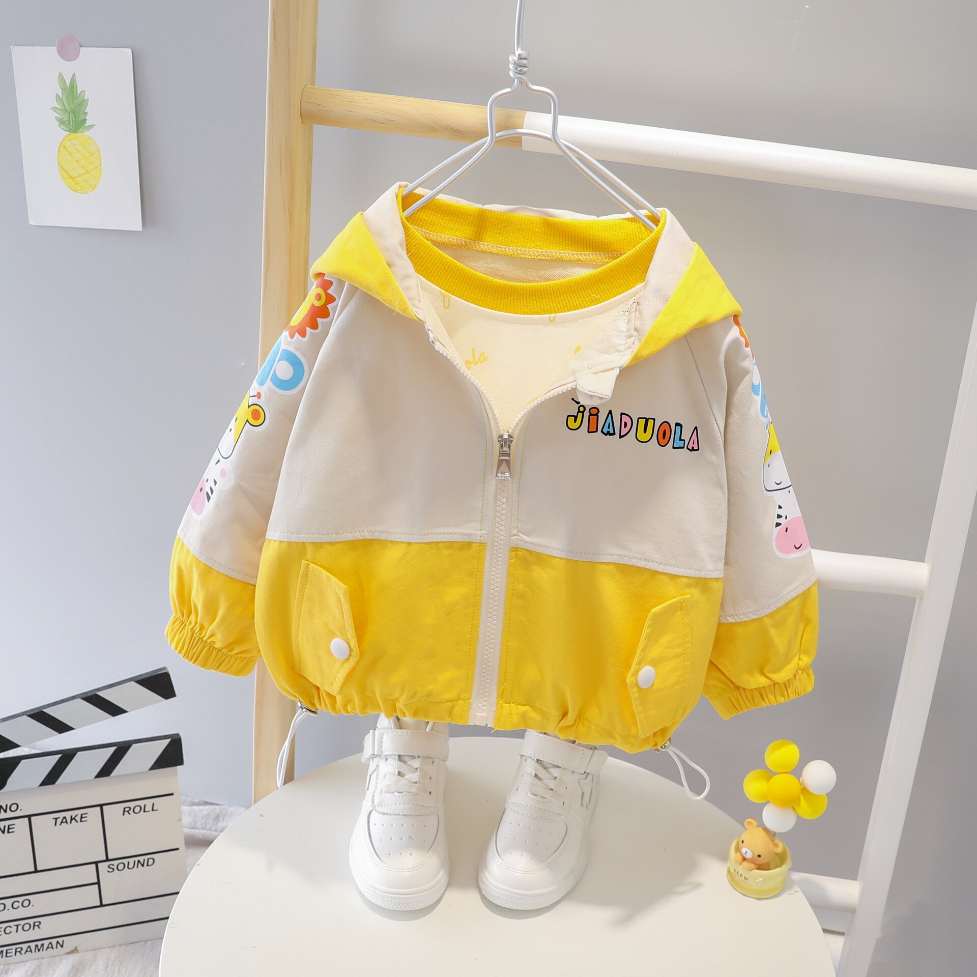 Herfst Baby Jongens Cartoon Brief Print Capuchon Rits Jassen Vesten Kinderen Kids Jassen Baby Meisjes Toevallige Bovenkleding Casaco: YELLOW / 12m