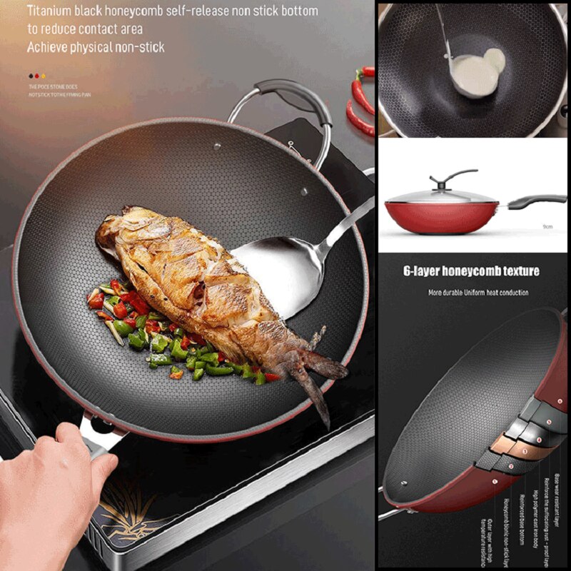 Non-stick Frying Pan 34cm with cover Cauldron Cast Wok Full Screen Honeycomb No Lampblack No Coating Frying Pan Pots for kitchen