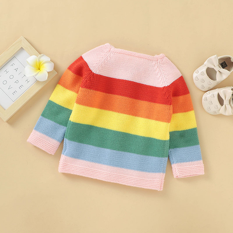 Cardigan tricoté pour petites filles, pull à rayures arc-en-ciel, col rond, manches longues, boutonnage simple, vêtements d'extérieur décontractés, automne