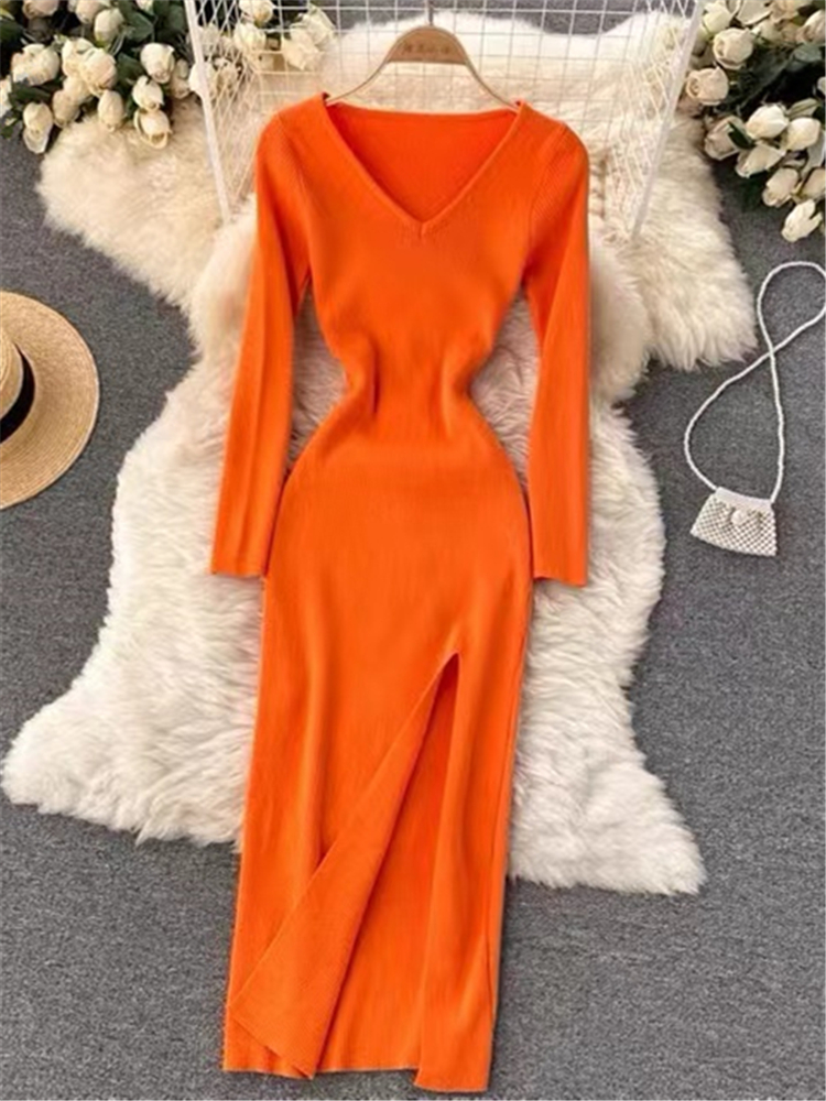 REALEFT Otoño Invierno francés Sexy hendidura suéter de las mujeres vestido femenino con cuello en V ajustado vestidos envolventes 2023: S / Naranja
