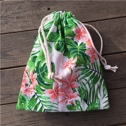 Yile 1pc katoenen linnen trekkoord tas feesttas print groen blad roze bloem  yl812b: M 2520cm