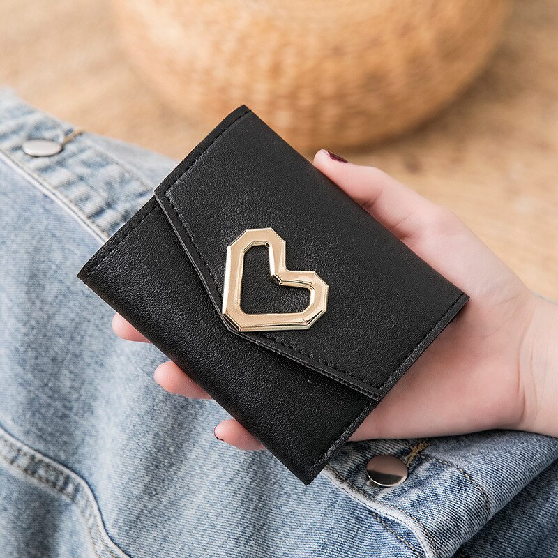 Damen Brieftasche Metall Herz-Geformt Kurze Karte Vintage Koreanische Hipster PU Fall: Black