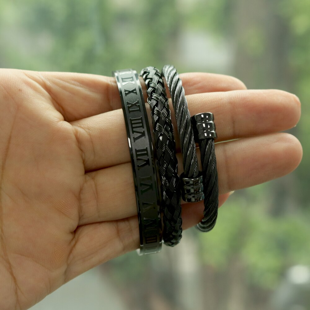 Borasi 3pcs/set Luxury 316L Stainless Steel Wristband Braiding Bangles Opening Cuff Bracelets For Men amazing price: Black Color