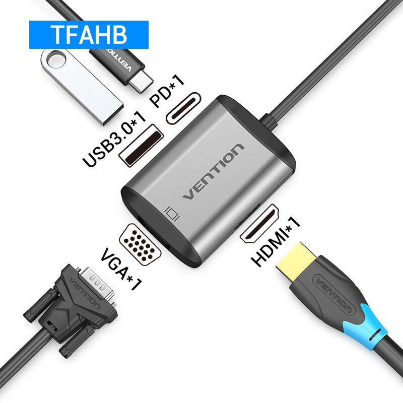 Vention Type C Hub USB C to HDMI USB 3.0 HUB Thunderbolt 3 Adapter For MacBook Samsung S10/9 Huawei Mate 30 P30 Pro USB-C HUB: 5 in 1 TFA