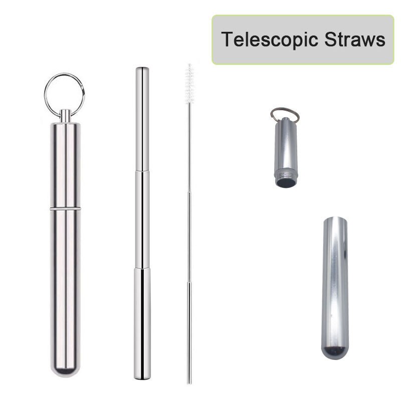 Reusable Stainless Steel Straws with Aluminum Keychain Case Cleaning Brush Collapsible Telescopic Portable Drinking Straws: Light Grey
