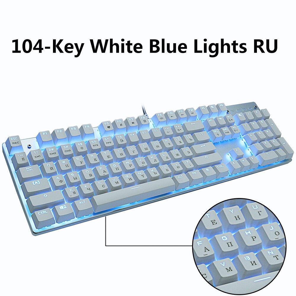 Wired Gaming Mechanical Keyboard Blue Red Switch 87/104keys Anti-ghosting Russian/US LED Backlit LED For Gamer Laptop Computer: 104 White blue LEDRU / Blue switch