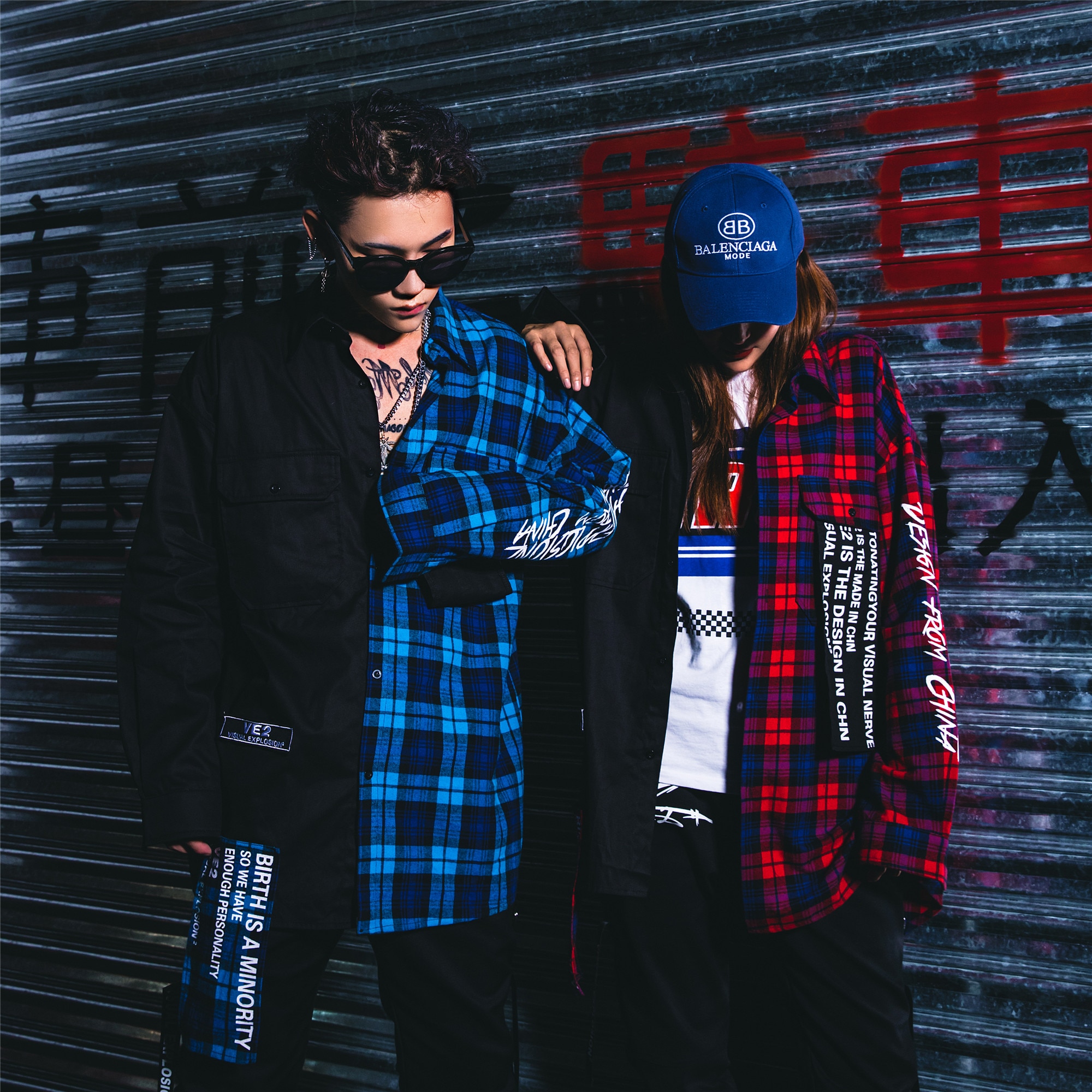 Mens Hip hop Color Block Patchwork Oversized Plaid Shirts letter printed Long section Curved hem Casual Long sleeves Shirts