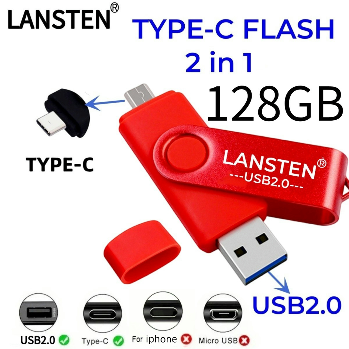 128GB USB C Flash Drive, 2 in 1 USB 2.0 Type C Thumb Drive Photo Memory Stick for Android Phones/Tablet/PC/Mac: Red