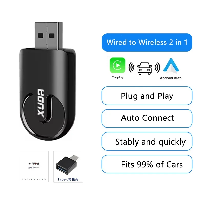 Adaptador de conexión automática para coche, dispositivo inalámbrico 2 en 1 con cable a Dongle inalámbrico, Bluetooth 5,0, Plug & Play, Mini AI Box: Negro