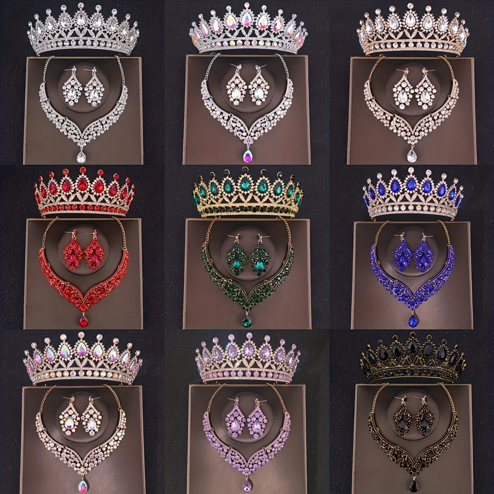 Ensemble de bijoux en biscuits pour patients, couronne en cristal, collier, boucles d'oreilles baroques, accessoires pour cheveux de mariage, de bijoux, 3 pièces