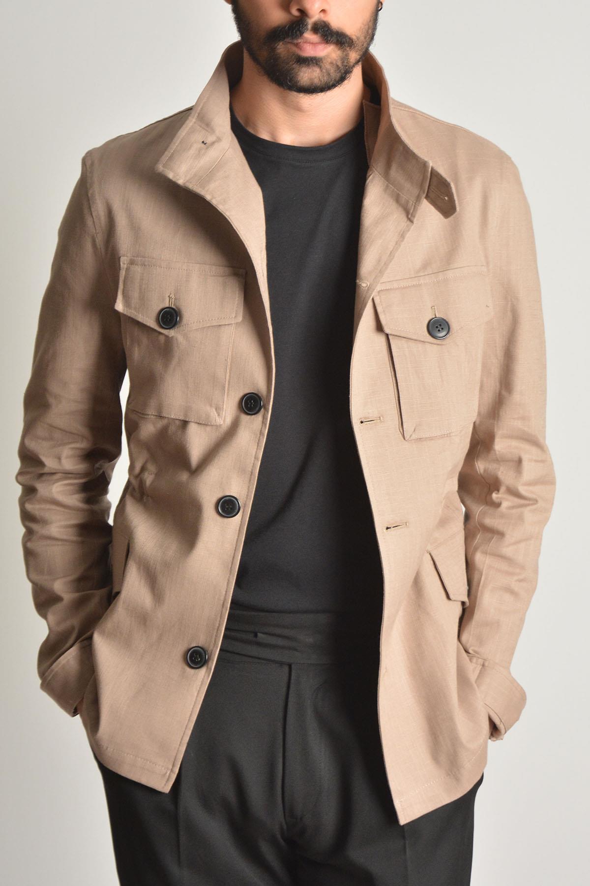 Safari-Chaqueta de lino para hombre, con bolsillos articulados, color Beige