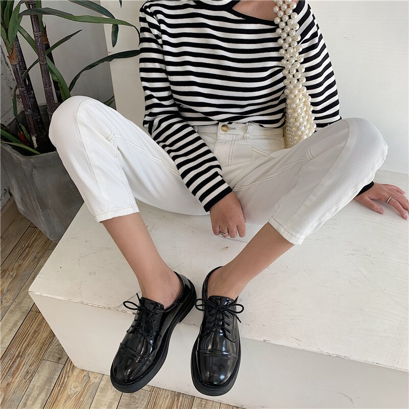 Zapatos de plataforma informales para mujer, zapatillas Oxford de estilo británico, de tacón bajo, nuevas de cuero