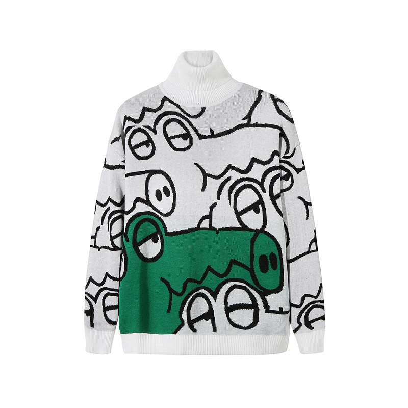Bomuld herre sweater sort rullekrave sweater herre tegneserie krokodille pull homme strikket pullover tøj langærmede frakker