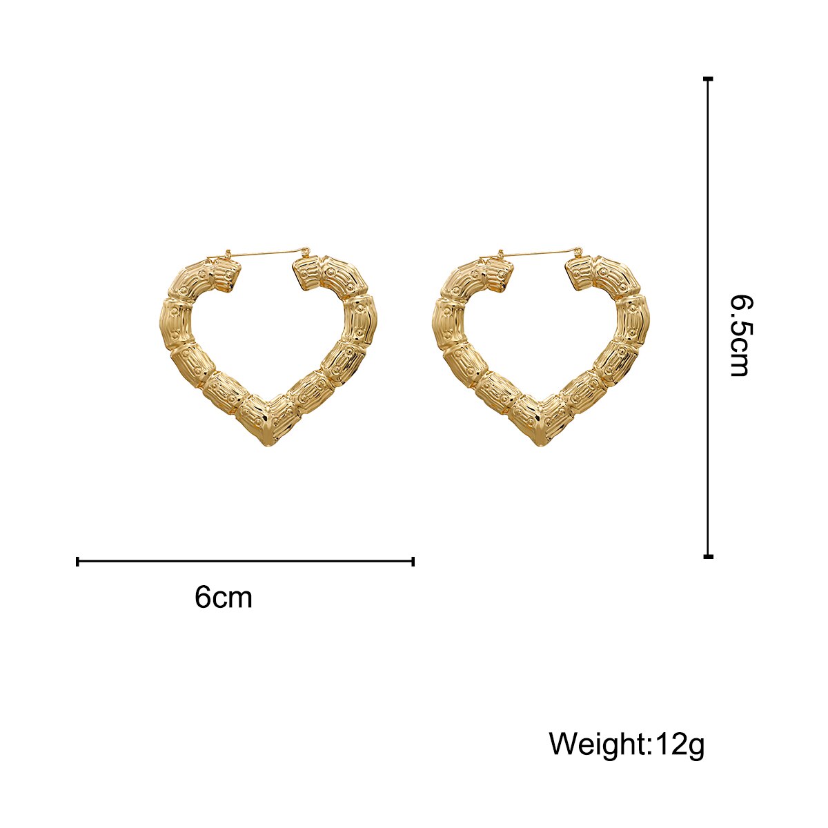 AMORCOME Punk Style Big Bamboo Heart Shape Hoop Earrings For Women Hip Hop Large Bamboo Joint Peach Heart Earrings Jewelry: 65mm gold color