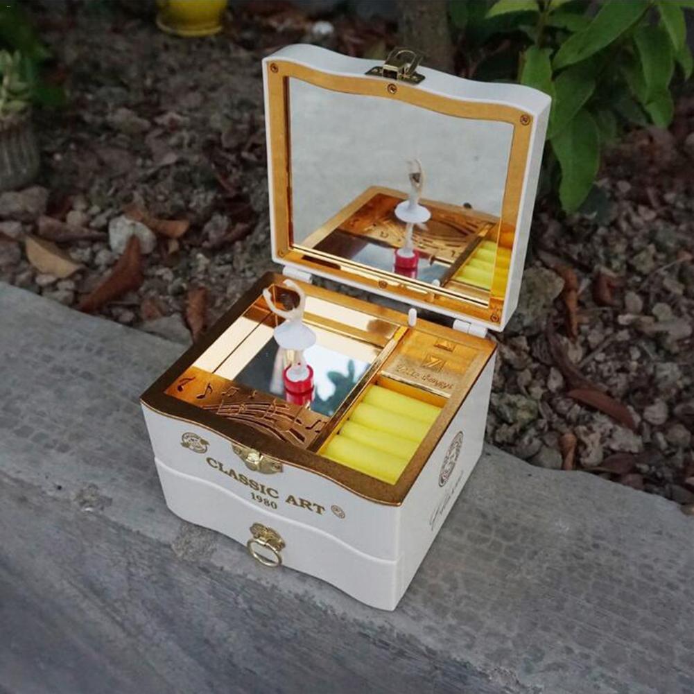 Caja de música nueva innovadora caja de joyas con espejo DIY ornamento niños giratorio bailarina chica Cisne lago música caja musical: White