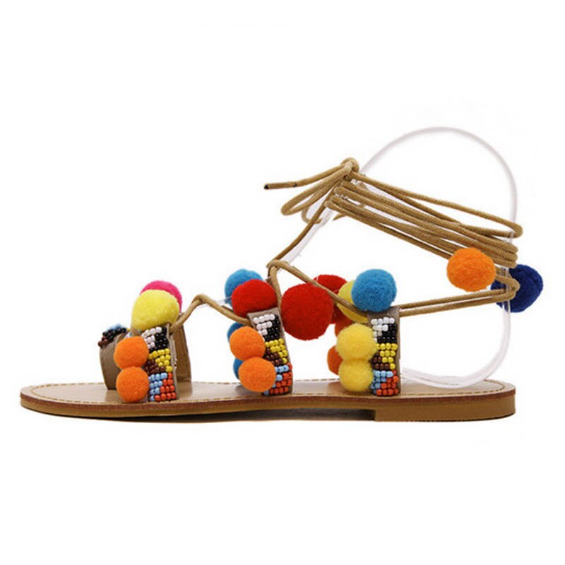 Sandalias planas con pompón de flores de colores para mujer, sandalias romanas de Gladiador, Chanclas de Tanga de encaje alto, zapatos de verano, E46