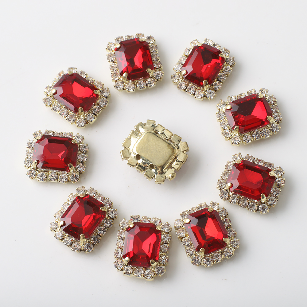 12X14mm 10 Uds diamante Rectangular con incrustaciones de cuatro agujeros garra diamante DIY joyería zapatos para el cabello sombreros materiales accesorios de diamantes de agua: Rojo