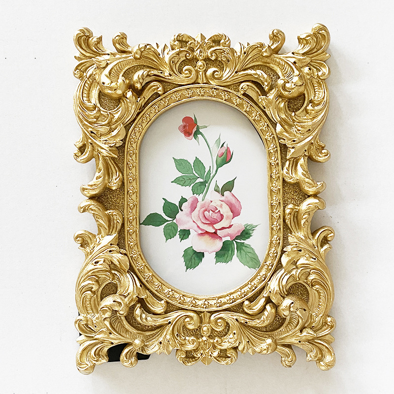 Vintage Rectangle Photo Frame Wall Hanging Golden Embossed Resin Picture Frame Holder Table Decoration Home Decor, Paper Random: MULTI