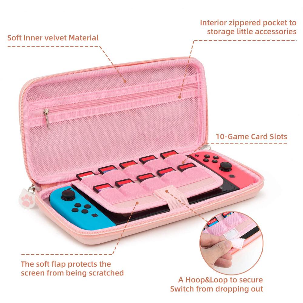 Pink Cute Cat Paw Case for Nintend Switch - Portable Hardshell Slim Travel Carrying Case fit Switch Console & Game Accessories