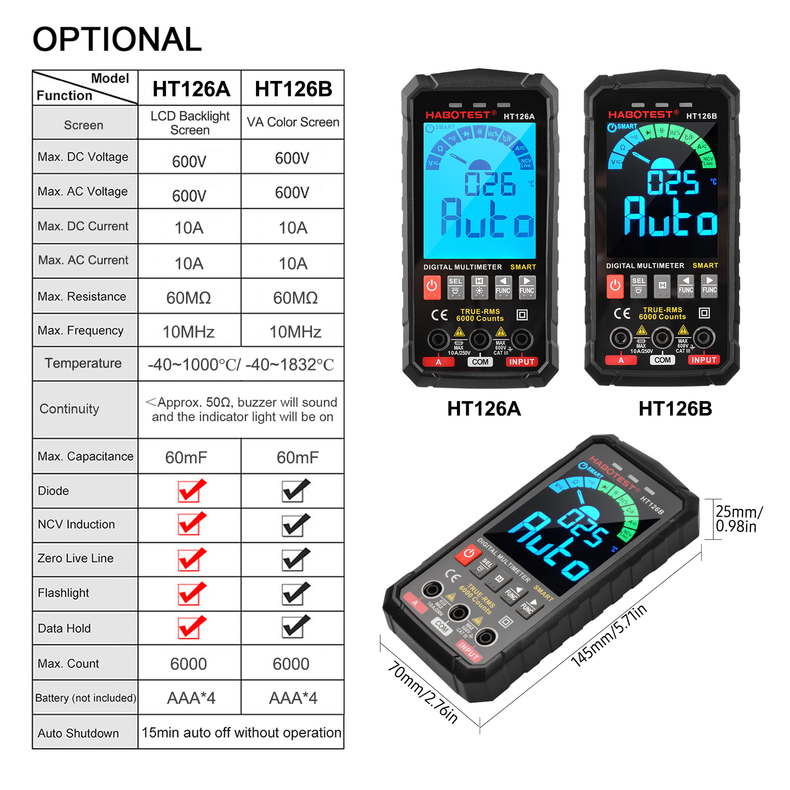 HABOTEST – multimètre numérique intelligent HT126B, écran couleur VA, testeur électrique, voltmètre ammètre, 6000 comptes, True RMS, Auto-plage