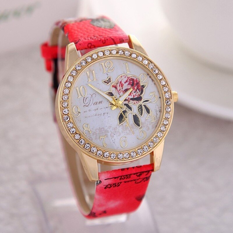 Mode Vrouwen Print Rose Patroon Strass Horloge Casual Klok Quartz Horloge Reloj Mujer Relogio Feminino Reloj Hombre Ladi