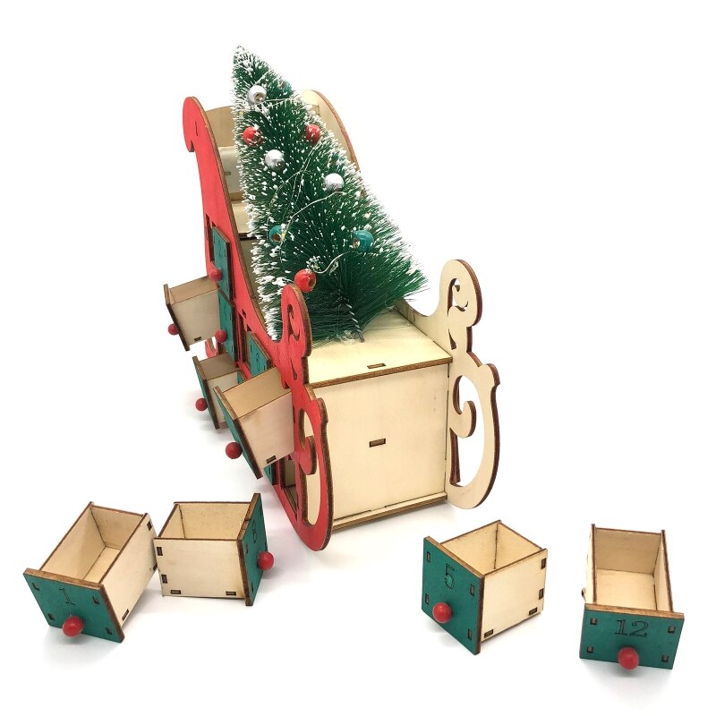 Christmas Sleigh Tree Wooden Advent Calendar Countdown LED Party Decor 24 Drawer